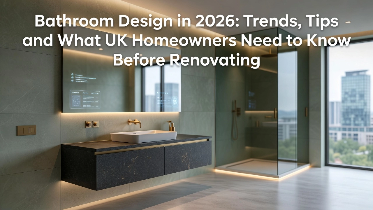Modern bathroom with sleek design, large windows, and ambient lighting, showcasing contemporary trends for 2026.