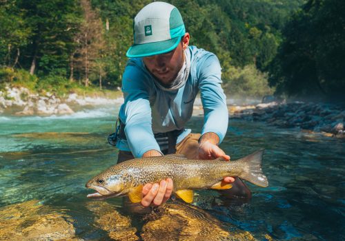 angler posing with a marble trout in a slovenian stream