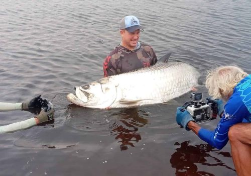 Angler holding Tarpon caught at Skimmer Island in Cabinda Angola