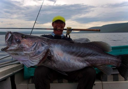 angler posing with tanganyikan perch caught in lake tanganyika