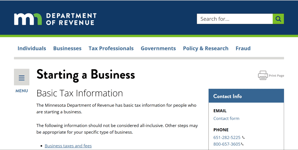 Minnesota Business Entity Search Screenshot of the Minnesota Business Entity Search tool