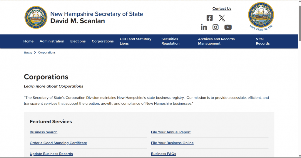 Screenshot of the New Hampshire business entity search page