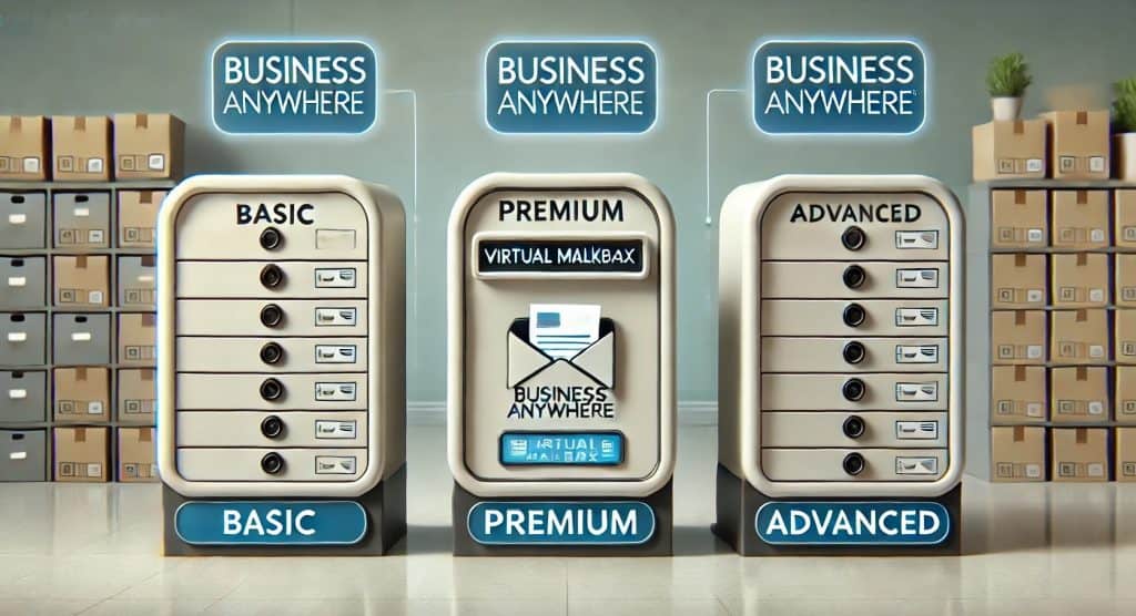 A digital illustration of three distinct mailboxes representing BusinessAnywhere's virtual mailbox plans: Basic, Premium, and Advanced. The Basic mailbox is simple and minimalistic, the Premium mailbox is sleek and modern, and the Advanced mailbox is large and secure. Each mailbox features a small digital screen displaying incoming mail notifications, set against a clean, professional office background.
