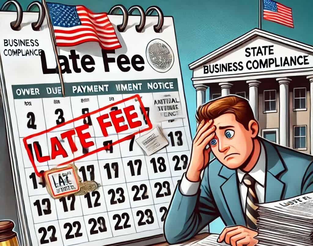 A stressed business owner reviewing overdue payment notices for their company's annual state fee. A calendar with a missed deadline and a "Late Fee" stamp is visible, with a USA flag placed on top. In the background, a government office building with a "Business Compliance" sign represents state authorities, highlighting the urgency and consequences of non-payment.
