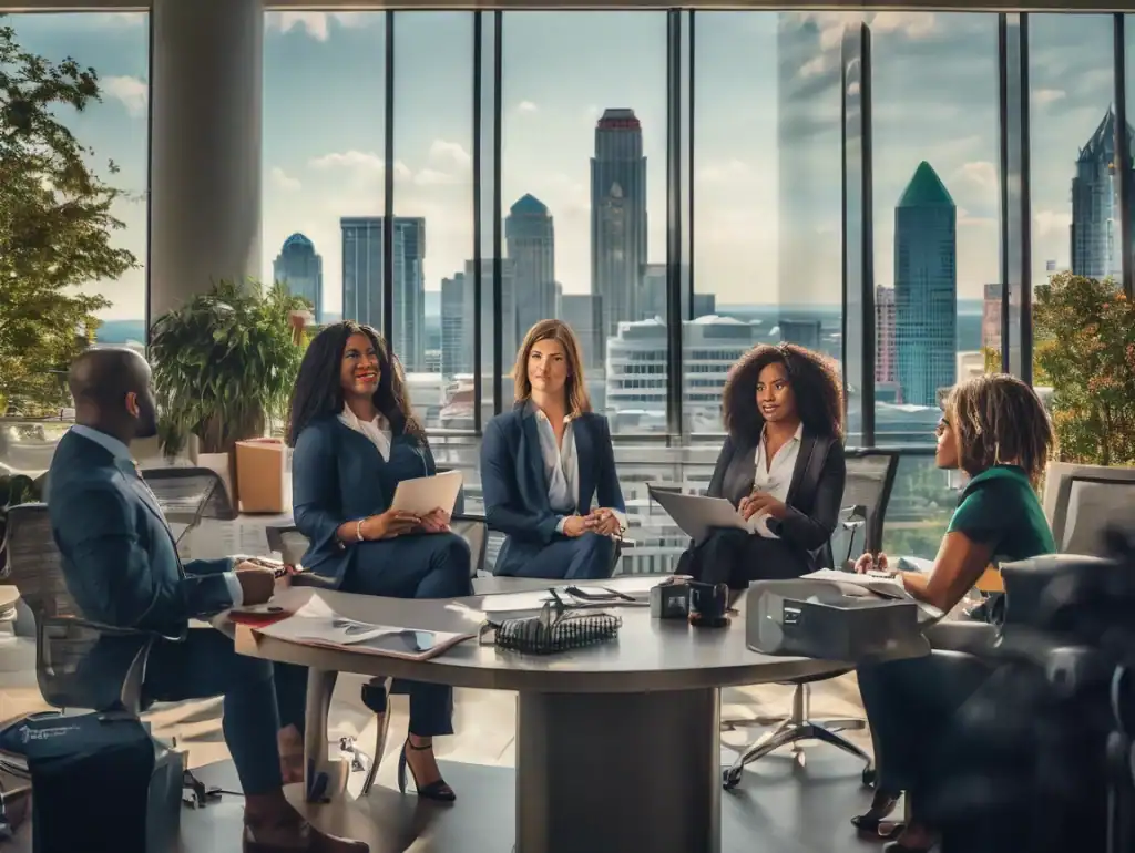 Entrepreneurs discussing how to start an LLC in Georgia at a conference table with Atlanta skyline view