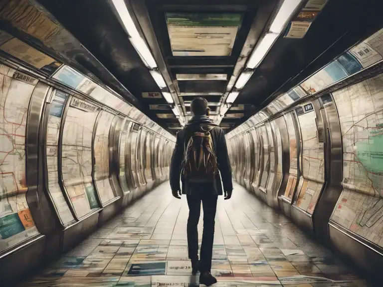 Businessman walking through a New York City subway corridor