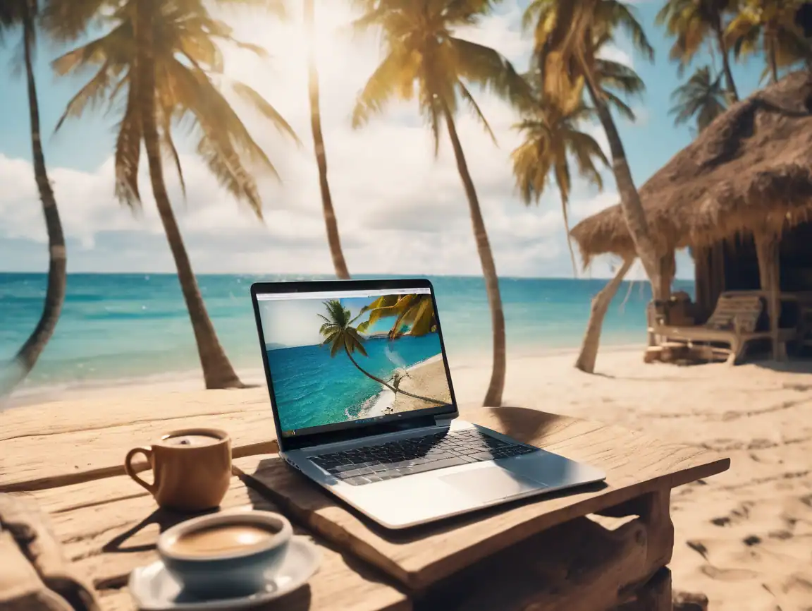 Image of a laptop on a table at the seaside - digital nomad kit