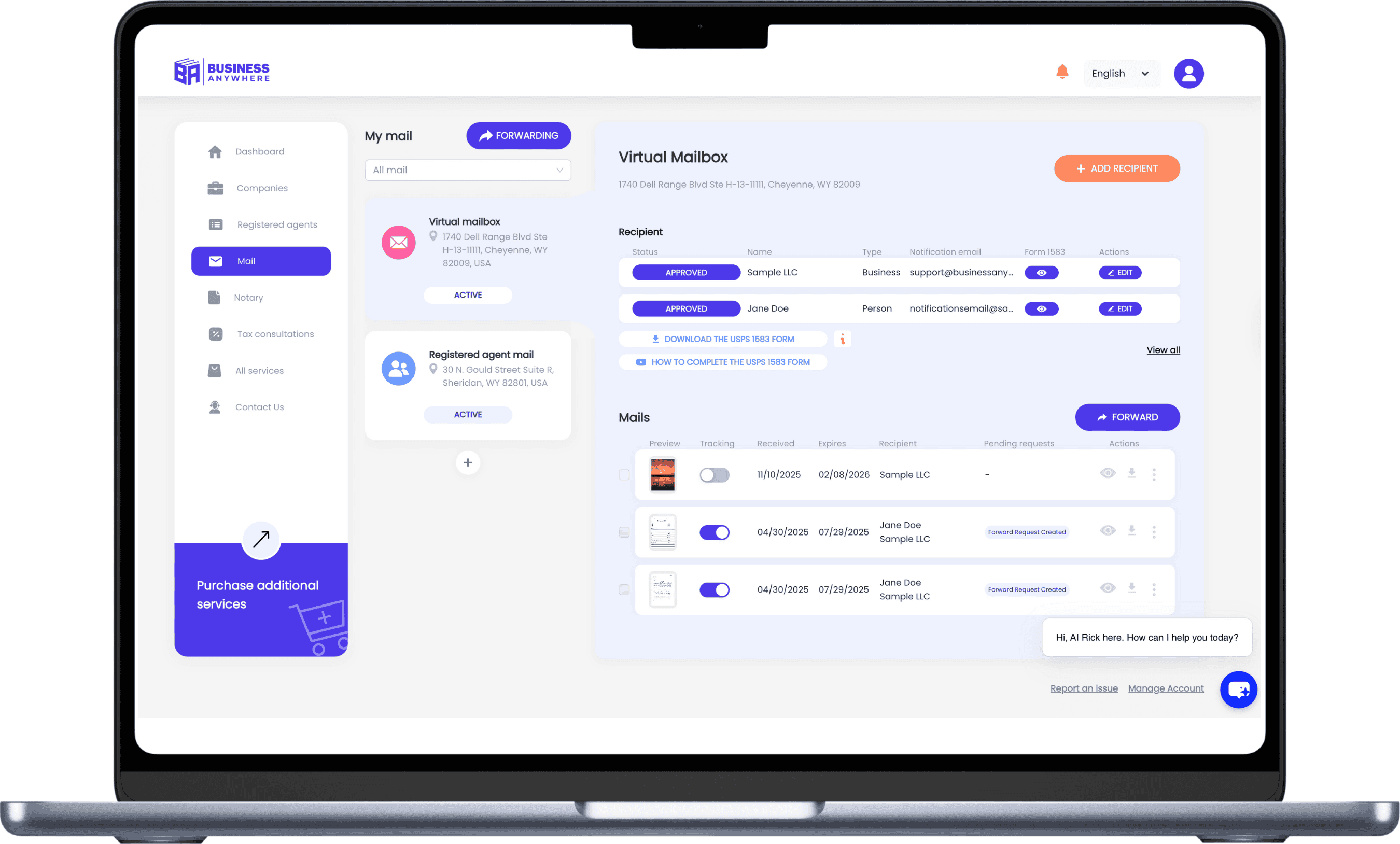 Virtual mailbox management screen showing email forwarding, registered agent email, and mail tracking, highlighting Business Anywhere’s remote business communication and mail handling solutions.