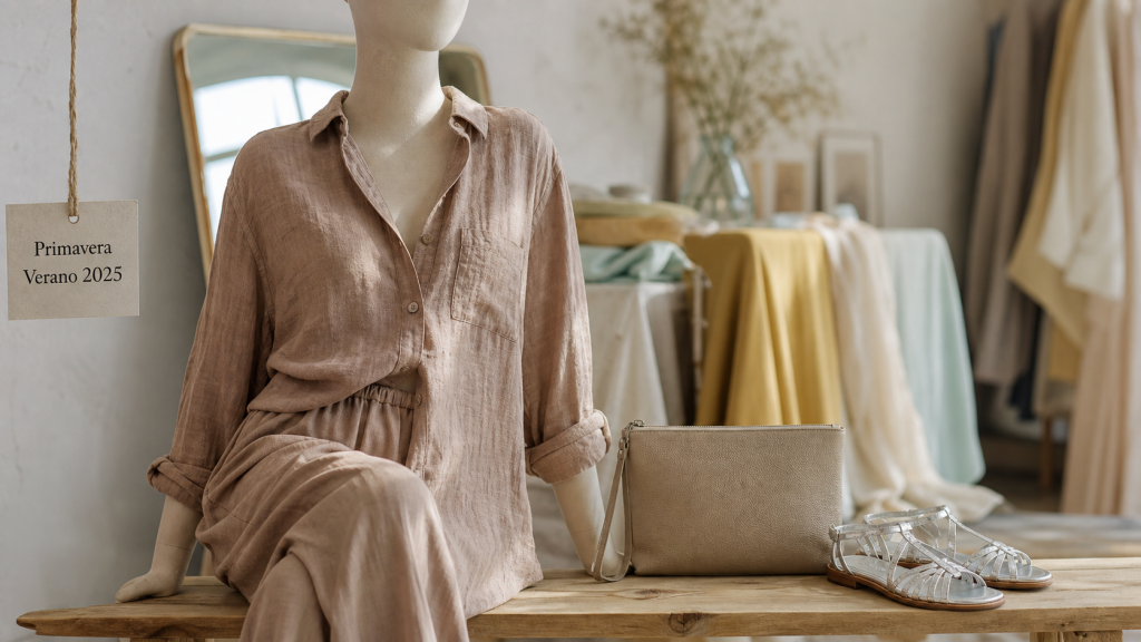 Color primavera verano 2025 : chemise lin Mocha Mousse et pantalon Butter Yellow