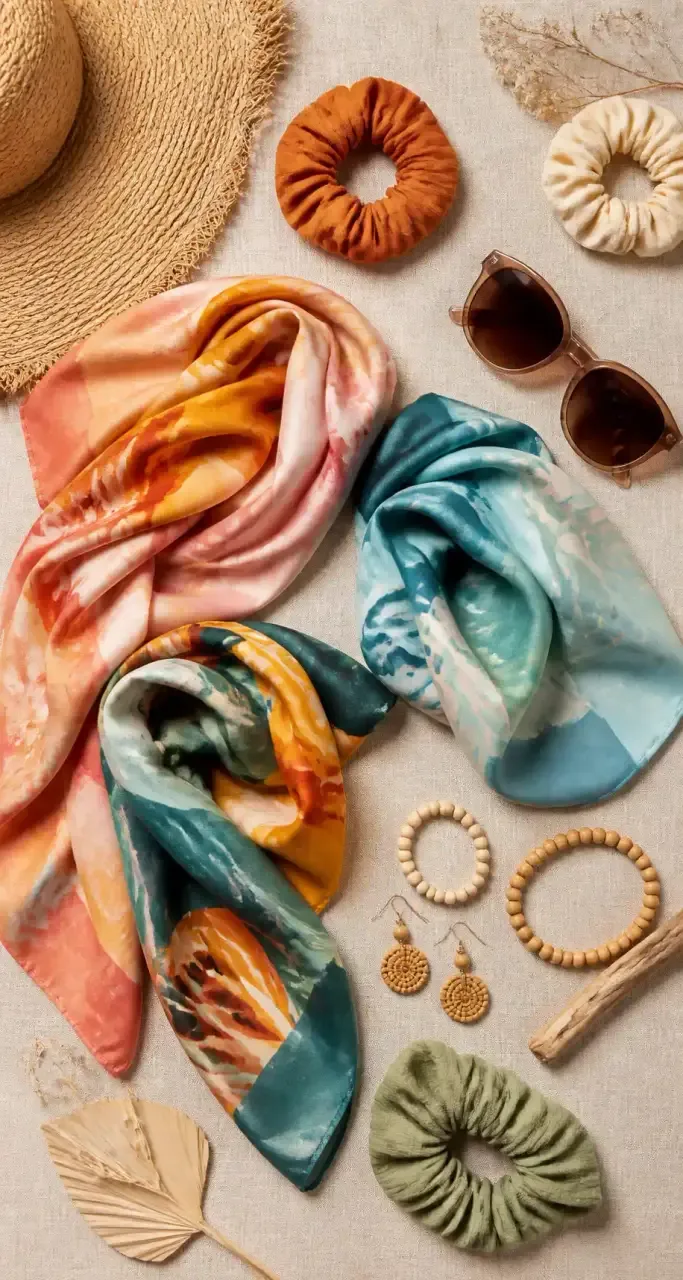 Composition d'accessoires de mode éthique : foulards et chouchous colorés