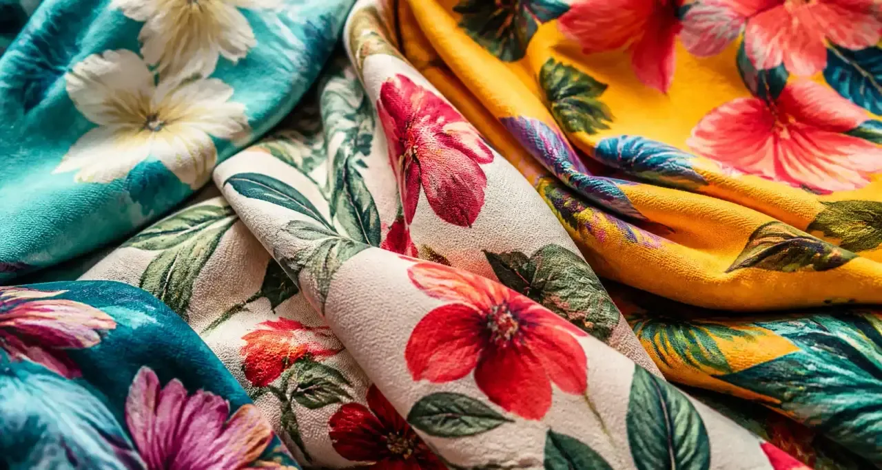 Gros plan sur des tissus en coton biologique aux imprimés floraux colorés