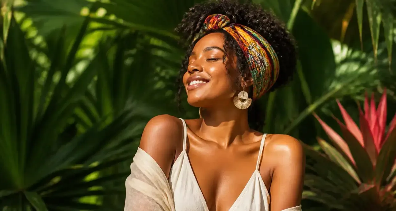 Portrait d'une femme portant un foulard coloré, tenue naturelle d'été