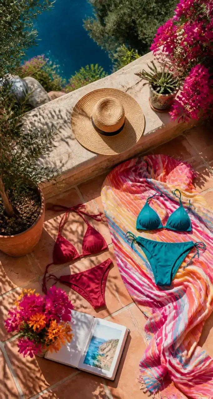 Terrasse méditerranéenne avec maillots et accessoires, art de vivre estival