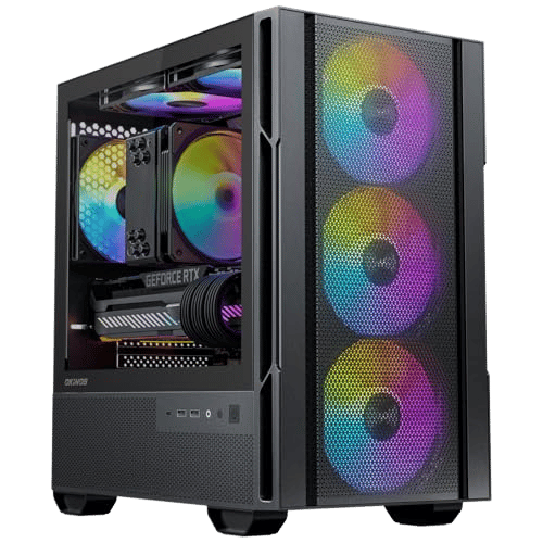 Gaming PC with RGB fans, powerful graphics card, and high-speed hardware for gaming and productivity.