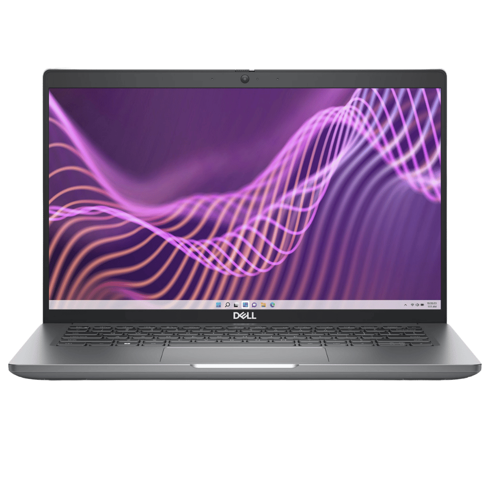 Dell laptop displaying vibrant purple digital wave graphics for tech and computing.