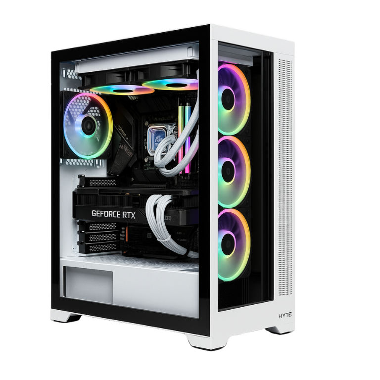 High-performance gaming PC with RGB cooling fans, NVIDIA GeForce RTX, and custom build for gaming in.