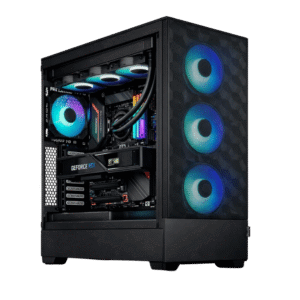 A high-end gaming PC built in a black Fractal-style airflow case with tempered glass side panel, RGB liquid CPU cooler, RTX 5080 graphics card mounted horizontally, clean cable management, soft RGB lighting, studio lighting, realistic product photography, front three-fan intake visible.