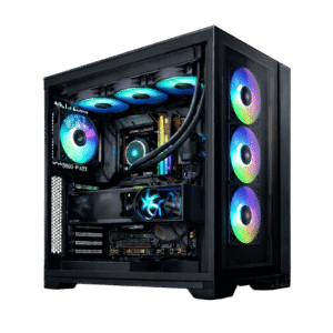 High-end gaming PC with RGB cooling fans and advanced components.