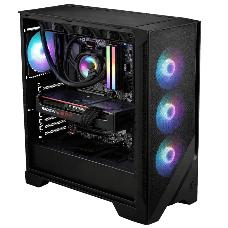 High-performance gaming PC with RGB lighting, powerful graphics card, and advanced cooling system fo.