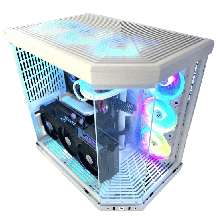 Custom gaming PC with RGB fans and high-end components for optimal performance.