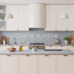 Cuisine blanche plan de travail gris ambiance contemporaine