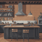 Cuisine style industriel vintage avec îlot central métal bois, murs brique, déco rétro