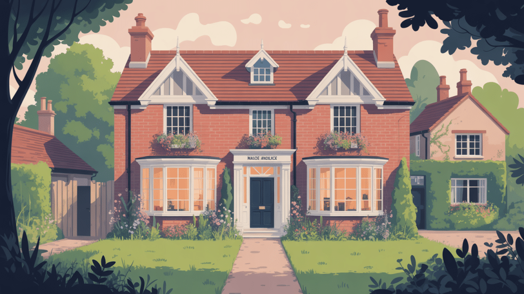 maison anglaise typique façade brique jardin cheminée