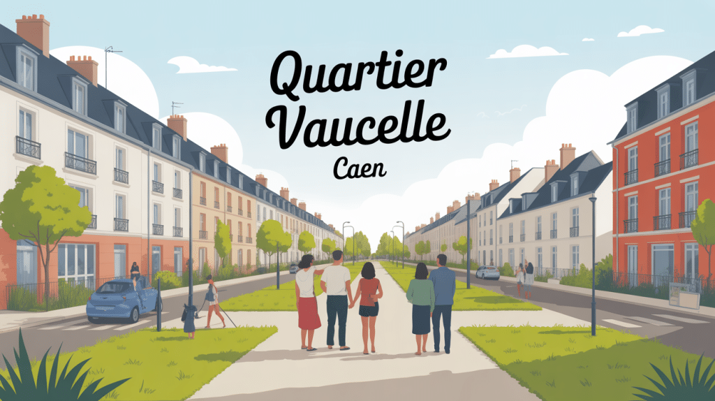 Vue stylisée du quartier Vaucelle Caen avec habitants et immeubles