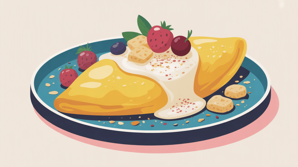recette omelette sucrée healthy avec fruits et toppings sur table petit-déjeuner