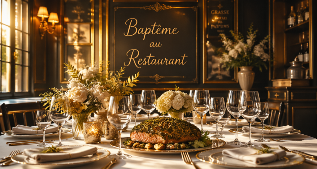 bapteme au restaurant table décorée saumon fleurs