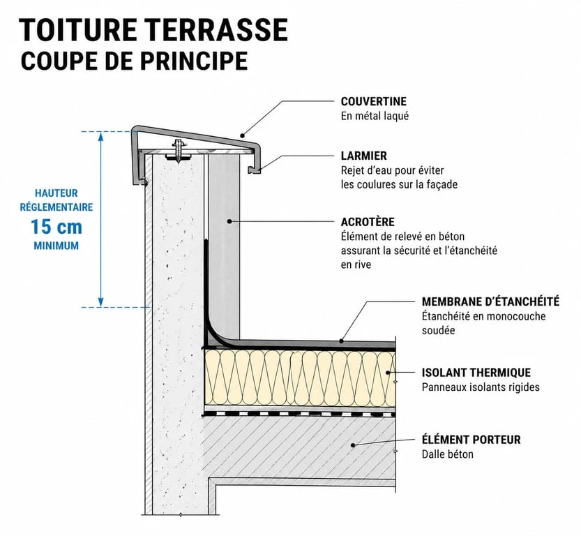 Schéma technique d'un acrotère de toiture terrasse avec hauteur réglementaire de 15 cm