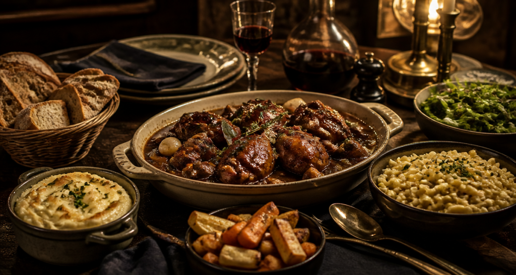 accompagnement coq au vin avec purée, spätzle et légumes