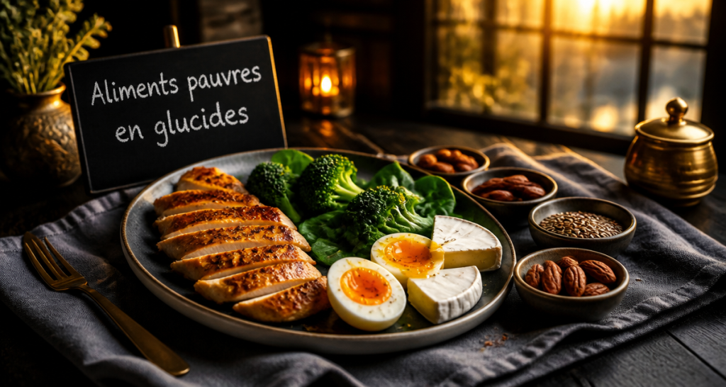 assiette aliments pauvre en glucide brocoli poulet fromage