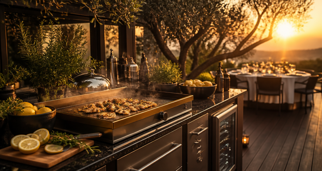 Barbecue cuisine extérieure granit inox terrasse