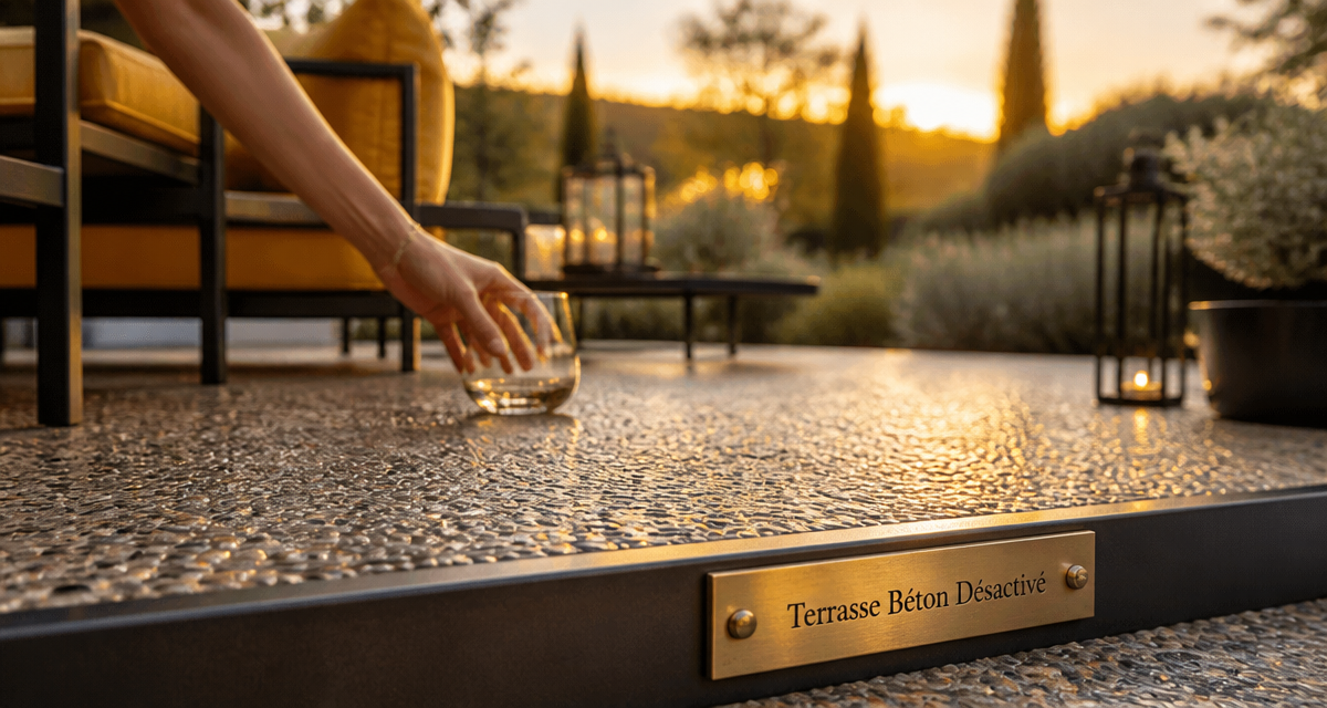béton desactivé terrasse avec granulats et mobilier