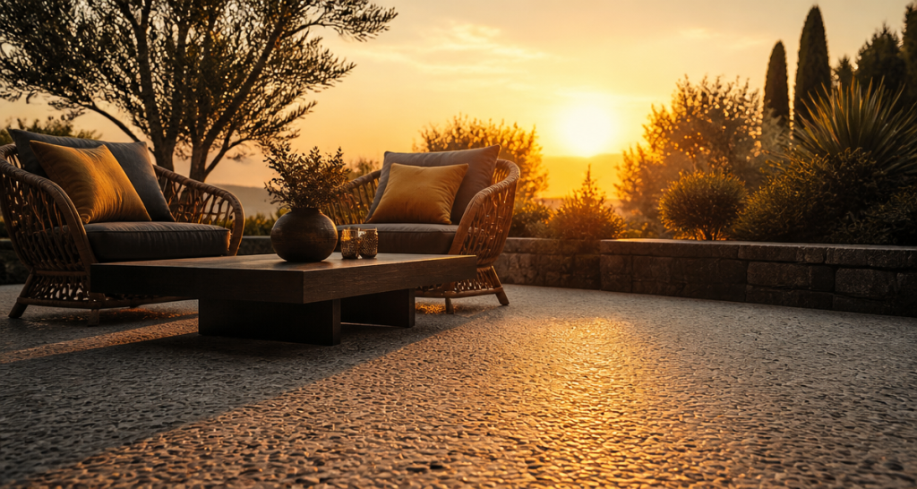 beton lavé terrasse grains galets dorés