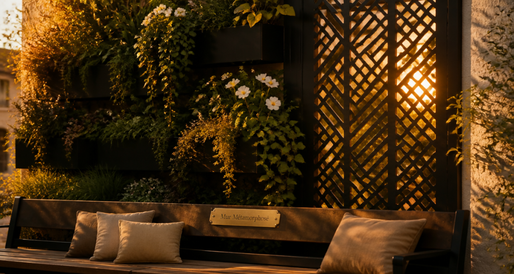 cache mur extérieur avec jardinières et panneau métal design