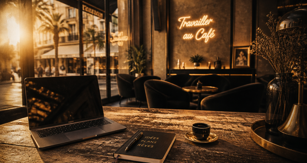 Cafe teletravail table ordinateur espresso