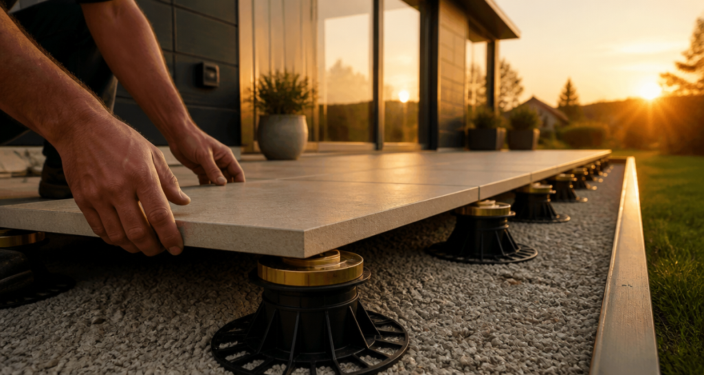 carreler sur plot terrasse en cours de pose
