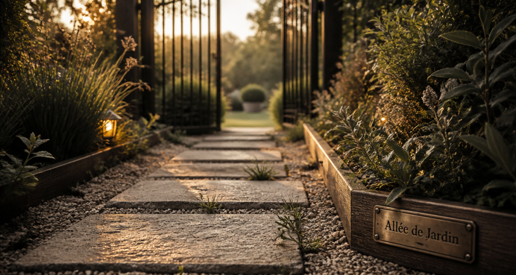 dalle allee de jardin sur gravier avec bordure bois