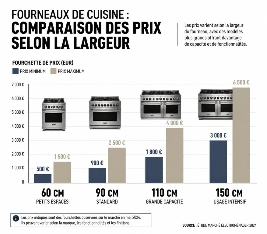 Infographie comparative des prix des pianos de cuisine selon la largeur de l'appareil