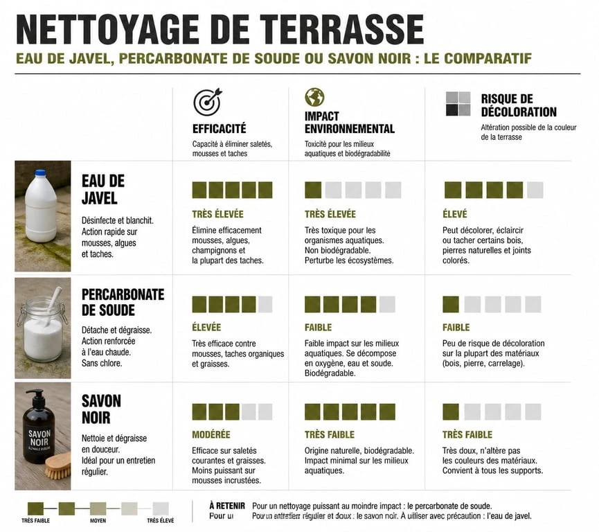 Infographie comparative des méthodes de nettoyage pour dalles de terrasse : javel, percarbonate et savon noir