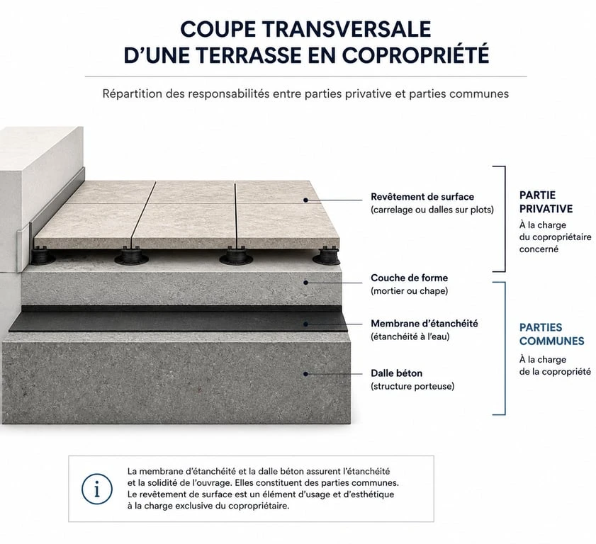 Schéma explicatif de la répartition des responsabilités pour l'étanchéité d'une terrasse privative en copropriété
