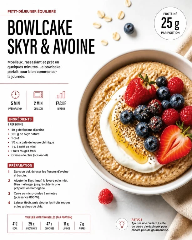 Bowlcake au Skyr et flocons d'avoine, recette riche en protéine pour la musculation