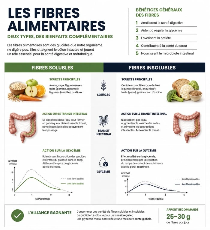 Infographie expliquant les bienfaits des fibres solubles et insolubles pour une boisson riche en fibre