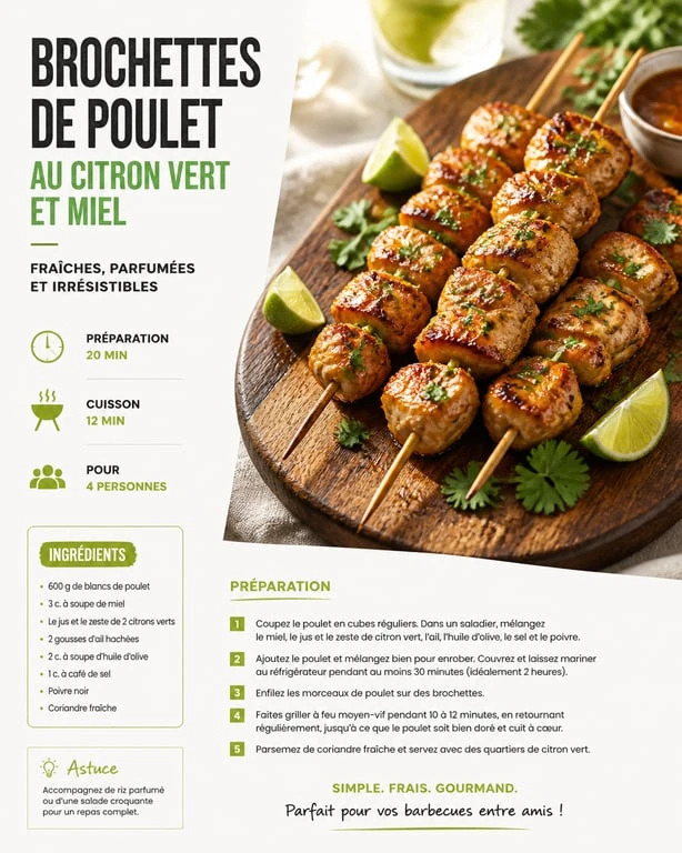 Brochettes de poulet au citron vert et miel pour un barbecue entre amis réussi