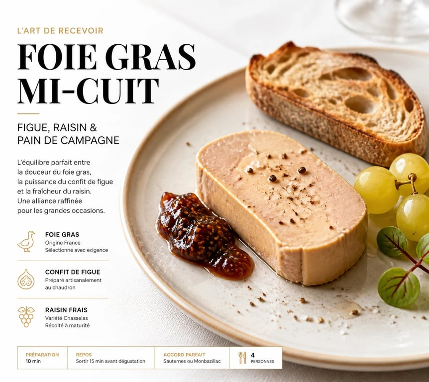 Foie gras mi-cuit dressé avec confit de figue et pain de campagne toasté