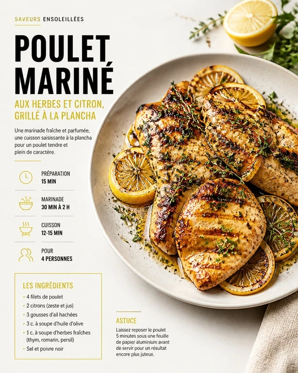 Poulet mariné au citron et herbes cuit à la plancha pour cuisine extérieure