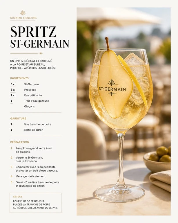 Cocktail Spritz St-Germain avec garniture poire et citron