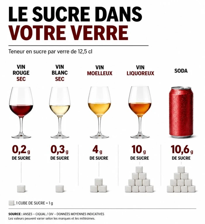 Infographie comparant la teneur en sucre dans un verre de vin selon le type de vin et par rapport à un soda